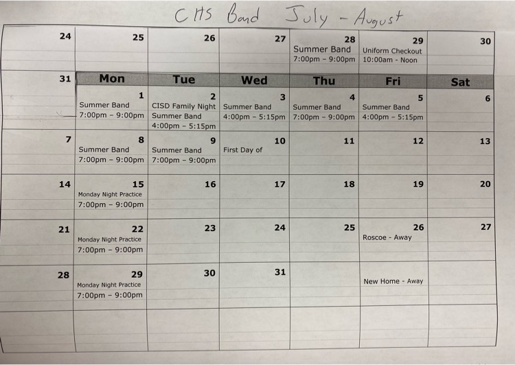 CHS Summer Band Schedule Colorado ISD